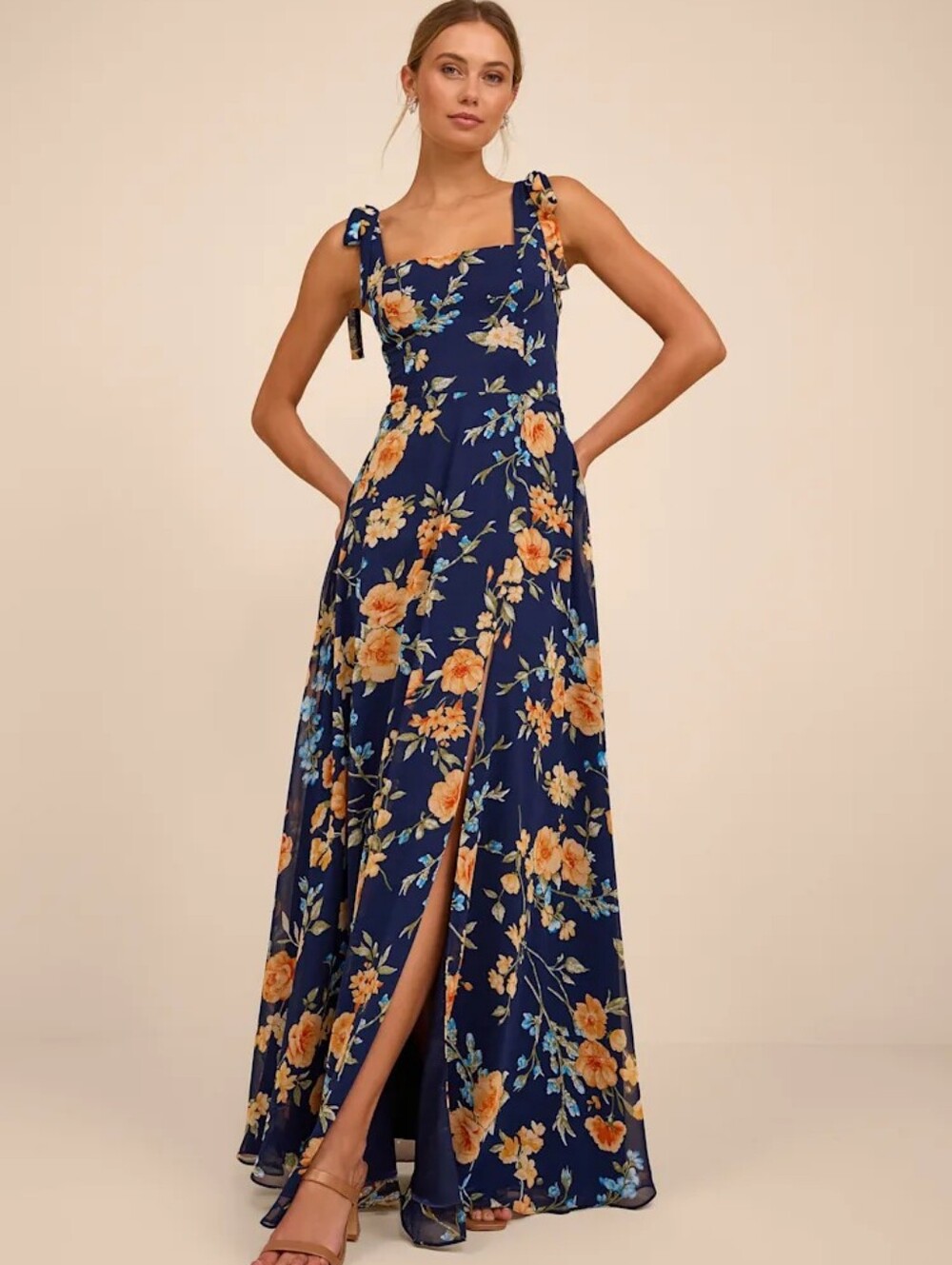 Lulus Love Me Forever Navy Blue Floral Square Neck Maxi Dress. Size Medium, NWT